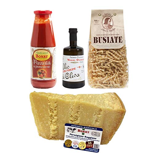 Italian Dinner Box - 500g Busiate Morelli + 1 kg Parmigiano Reggiano Bonat 16 Monate + Tomato Sauce Bonat 690 g + Olivenöl extra vergine Vanini 250 ml von Yeseatis TASTE ONLINE FOOD YESEATIS.COM