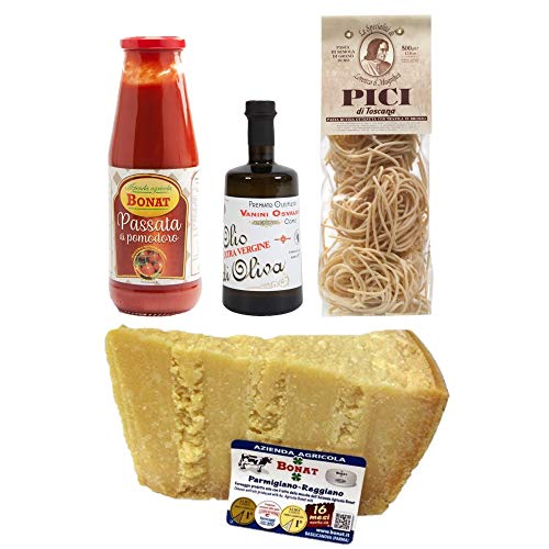 Italian Dinner Box - 500g Pici Morelli + 1 kg Parmigiano Reggiano Bonat 16 Monate + Tomato Sauce Bonat 690 g + Olivenöl extra vergine Vanini 250 ml von Yeseatis TASTE ONLINE FOOD YESEATIS.COM