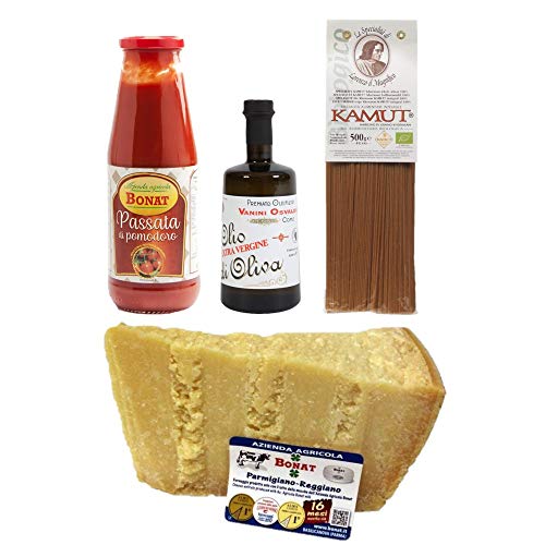 Italian Dinner Box - 500g Spaghetti Kamut Morelli + 1 kg Parmigiano Reggiano Bonat 16 Monate + Tomato Sauce Bonat 690 g + Olivenöl extra vergine Vanini 250 ml von Yeseatis TASTE ONLINE FOOD YESEATIS.COM