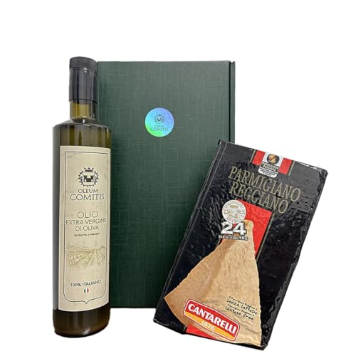 Oleum Comitis - Extra natives Olivenöl - 100% italienisches Kaltextrakt - Geschenkbox mit 750 ml Flasche und Parmigiano Reggiano Cantarelli 1876 gewürzt 24 Monate zu 1 kg von YesEatIs