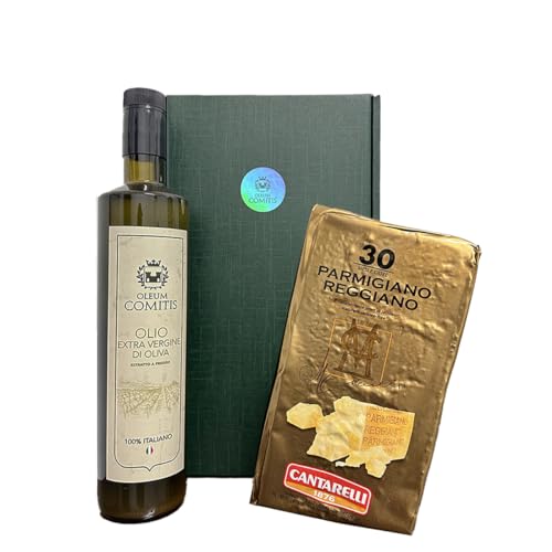 Oleum Comitis - Extra natives Olivenöl - 100% italienisches Kaltextrakt - Geschenkbox mit 750 ml Flasche und Parmigiano Reggiano Cantarelli 1876 gewürzt 30 Monate zu 1 kg von Yeseatis TASTE ONLINE FOOD YESEATIS.COM