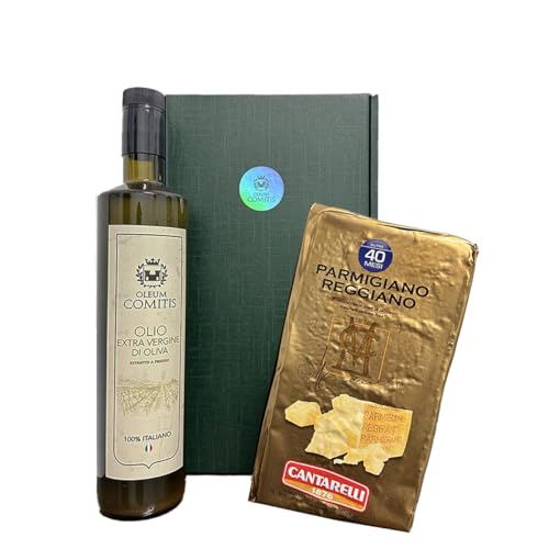 Oleum Comitis - Extra natives Olivenöl - 100% italienisches Kaltextrakt - Geschenkbox mit 750 ml Flasche und Parmigiano Reggiano Cantarelli 1876 gewürzt 40 Monate zu 1 kg von YesEatIs