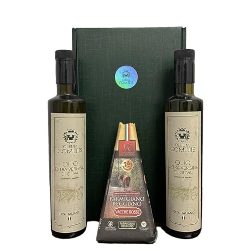 Oleum Comitis - Natives Olivenöl Extra 100% Italienisch Kaltgepresst - Geschenkbox mit 2 x 500 ml Flaschen und Parmigiano Reggiano DOP Vacche Rosse 24 Monate von YesEatIs