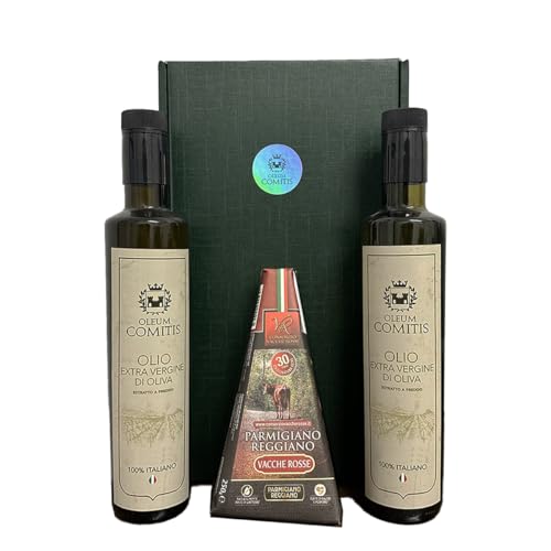 Oleum Comitis - Natives Olivenöl Extra 100% Italienisch Kaltgepresst - Geschenkbox mit 2 x 500 ml Flaschen und Parmigiano Reggiano DOP Vacche Rosse 30 Monate von YesEatIs