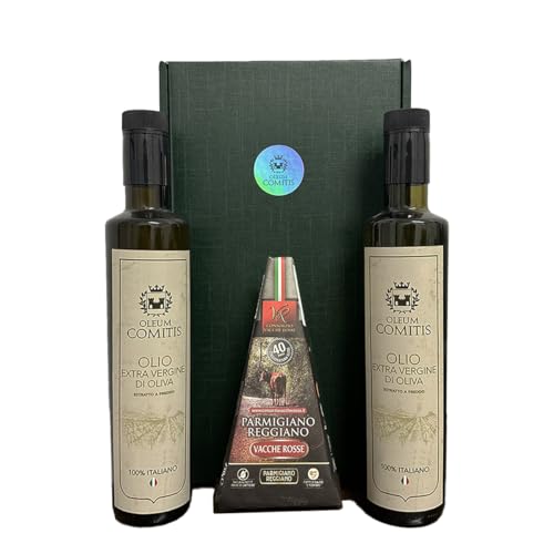 Oleum Comitis - Natives Olivenöl Extra 100% Italienisch Kaltgepresst - Geschenkbox mit 2 x 500 ml Flaschen und Parmigiano Reggiano DOP Vacche Rosse 40 Monate von YesEatIs