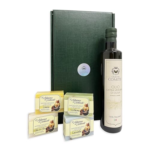 Oleum Comitis - Natives Olivenöl Extra 100% Italienisch Kaltgepresst - Geschenkbox mit 500 ml Flasche und 4 Naturseifen à 100 g von YesEatIs