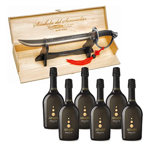 Yeseatis - Sommelier-Säbel mit Stahlgriff und 6 Flaschen Prosecco DOC Abbazia von Yeseatis TASTE ONLINE FOOD YESEATIS.COM