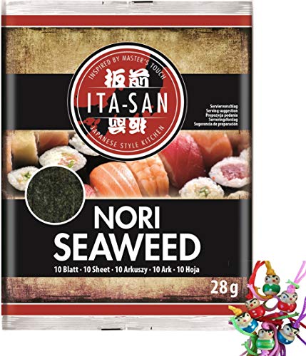 yoaxia ® 10er Pack - [ 10x 28g (10x10 Blatt) ] Nori Seetang getrocknet und geröstet NORI SEEWEED, ganzes Blatt + ein kleiner Glücksanhänger gratis von Yoaxia