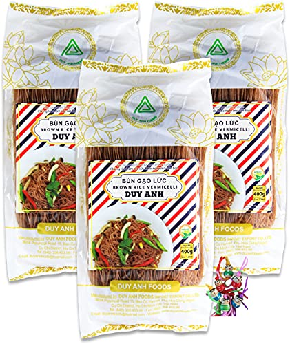 yoaxia ® - 3er Pack - [ 3x 400g ] Braune Reis Vermicelli / Reisnudeln / Brown Rice Vermicelli / Rice Noodles / Bun Gao Luc + ein kleiner Glücksanhänger gratis von Yoaxia