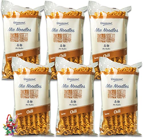 yoaxia ® - 6er Pack - [ 6x 250g ] Mie Noodles mit Chilipulver / Chili Mie Nudeln ohne Ei / Wok Nudeln + ein kleines Glückspüppchen - Holzpüppchen von Yoaxia
