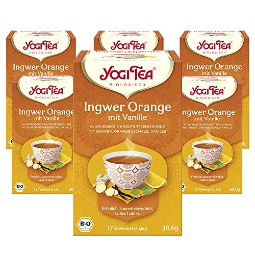 YOGI TEA, Ingwer Orange mit Vanille, Ayurvedischer Bio Gewürz- und Kräutertee, von Natur aus koffeinfrei, Ingwer, Orangenschalen und Vanille, Yogi Tee 6er Pack, 6x17 Beutel (102 Teebeutel insgesamt) von Yogi Tea