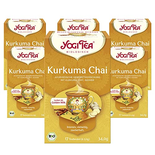 YOGI TEA, Kurkuma Chai, Ayurvedischer Bio Gewürztee - und Kräutertee, Ideal für Goldene Milch, Mischung aus Kurkuma, Zimt und Ingwer, Yogi Tee 6er Pack, 6x17 Beutel (102 Teebeutel insgesamt) von Yogi Tea