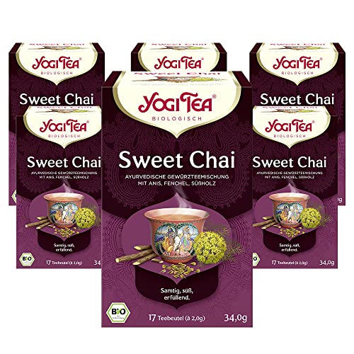 YOGI TEA, Sweet Chai, Ayurvedischer Bio Gewürz- und Kräutertee, von Natur aus koffeinfrei, Mischung aus Anis, Fenchel und Süßholz, Yogi Tee 6er Pack, 6x17 Beutel (102 Teebeutel insgesamt) von YOGI TEA