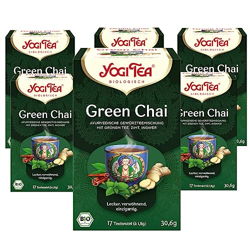 Yogi Tea Green Chai, Ayurvedischer Bio Gewürztee, Mischung aus Zimt, Krauseminze, Grüner Tee, Ingwer, Kardamom und Nelken, 6x17 Beutel (102 Teebeutel insgesamt) von Yogi Tea