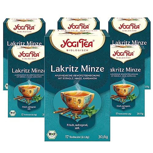 YOGI TEA Lakritz Minze - Ayurvedischer Bio Gewürzteevon Natur aus Koffeinfrei, Mischung aus Kardamom, Süßholz und Pfefferminze, 6x17 Beutel (102 Teebeutel insgesamt) von YOGI TEA