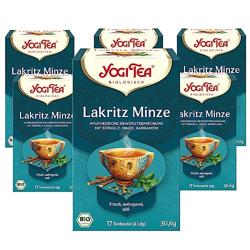Yogi Tea Lakritz Minze - Ayurvedischer Bio Gewürzteevon Natur aus Koffeinfrei, Mischung aus Kardamom, Süßholz und Pfefferminze, 6x17 Beutel (102 Teebeutel insgesamt) von Yogi Tea