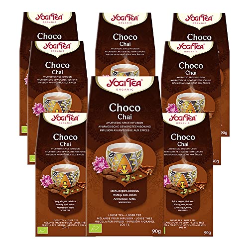 Yogi Tea, Choco Chai, Bio-Gewürz- und Kräutertee, natürlicher Schokoladengeschmack, Mischung aus Kakaoschalen, Süßholz und Zimt, losem Tee, 8 Packungen x 90 g von YOGI TEA