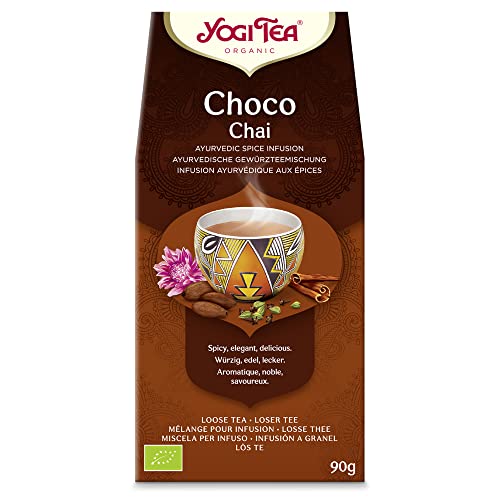 Yogi Tea, Choco Chai, Bio-Gewürz- und Kräutertee, natürlicher Schokoladengeschmack, Mischung aus Kakaoschalen, Süßholz und Zimt, losem Tee, 8 Packungen x 90 g von YOGI TEA