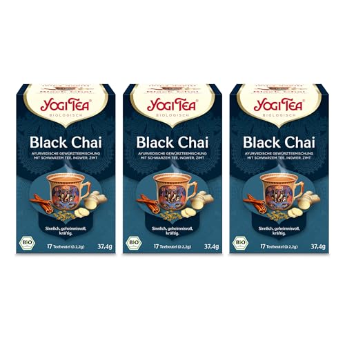 Yogi Tea - Black Chai, Schwarzer Chai, Ayurvedischer Bio Gewürz- und Kräutertee, Mischung aus schwarzem Tee, Ingwer, Zimt, Yogi Tee 3er Pack, 3x17 Beutel (51 Teebeutel insgesamt), Ideal als Geschenk von Yogi Tea