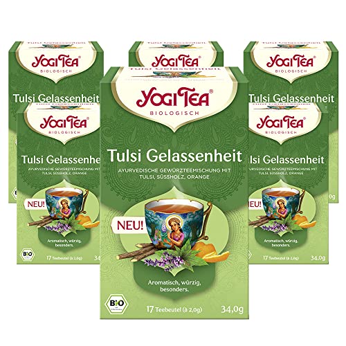 Yogi Tea - Tulsi Gelassenheit, Ayurvedischer Bio Kräutertee, von Natur aus koffeinfrei, Mischung aus Tulsi - "heiligem" Basilikum, Süssholz und Orange, Yogi Tee 6er Pack, 6x17 Beutel (102 Teebeutel) von Yogi Tea