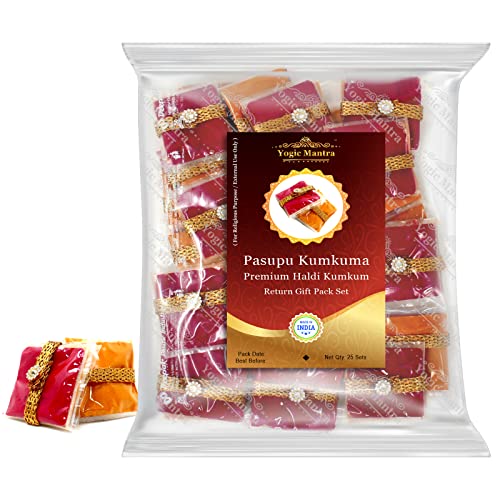 Yogic Mantra Pasupu Kumkuma Return Geschenkpakete | Set mit 25 Haldi Kumkum Mini Packs | Premium Kumkum und Kurkuma Pulver Combo | Indisches Thamboolam Set für Durga Puja | Thambulam Give Away Pooja Yogic Mantra Pasupu Kumkuma Return Geschenkpakete | Set mit 25 Haldi Kumkum Mini Packs | Premium Kumkum und Kurkuma Pulver Combo | Indisches Thamboolam Set für Durga Puja | Thambulam Give Away Pooja von Yogic Mantra