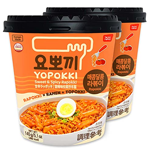 Yopokki Instant Rabokki Tasse (süß mild würzig, Tasse von 2) Koreanisches Streetfood mit süßer und mäßig scharfer Sauce Ramen Nudel Topokki Reiskuchen - schnell und einfach zuzubereiten von Yopokki