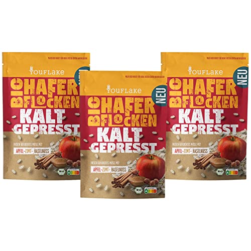 YouFlake Kaltgepresste Bio Haferflocken Apfel-Zimt-Haselnuss | 3 x 320 g | Apfel-Zimt-Müslimischung mit Haferflocken und Haselnüssen YouFlake Kaltgepresste Bio Haferflocken Apfel-Zimt-Haselnuss | 3 x 320 g | Apfel-Zimt-Müslimischung mit Haferflocken und Haselnüssen von YouFlake