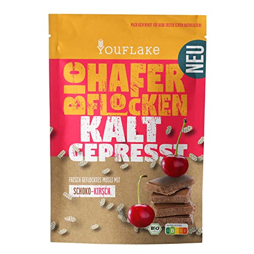 YouFlake Kaltgepresste Bio Haferflocken Schoko-Kirsch | 320 g | Müslimischung Mit Haferflocken, Schokolade und Kirschen | schonend und frisch gepresst von YouFlake