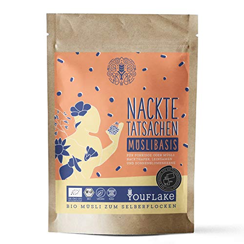 YouFlake Müsli Basis (Bio) NACKTE TATSACHEN | Müsli für Flockenquetsche | Nackthafer, Sonnenblumenkerne & Leinsamen | 500g von YouFlake