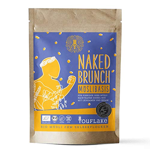 YouFlake Müsli Basis (Bio) NAKED BRUNCH | Müsli für Flockenquetsche | Nackthafer, Dinkel, Sesam & Leinsamen | 500g von YouFlake