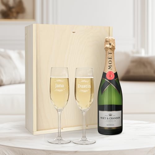 Moët Champagner Geschenk - Moët & Chandon Brut Champagner Geschenk mit edler Holzkiste, Flasche Moët & Chandon 750 ml & 2 personalisierten Sektgläsern. von Yoursurprise