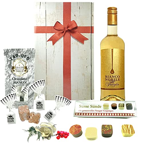 Geschenk für viele Anlässe mit italienischem Weißwein | Tartufo Bianco | 4 Schokoladen Pralinen | Hochwertige Geschenke zum versenden für Frauen & Männer - Inkl. Grußnachricht und Grußkarte von Yui`s Delikatessen