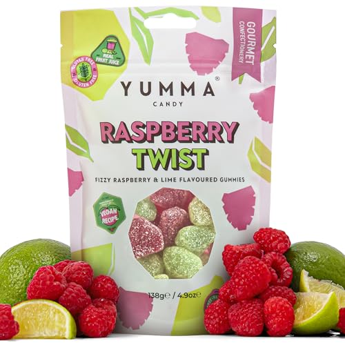 Yumma Candy Raspberry Twist, 138 g – Vegane Himbeer-Limetten-Gummibonbons im wiederverschließbaren Beutel Yumma Candy Raspberry Twist, 138 g – Vegane Himbeer-Limetten-Gummibonbons im wiederverschließbaren Beutel von Yumma