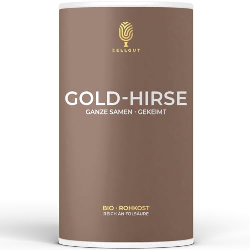 ZELLGUT© BIO GOLD-HIRSE - ganze Samen GEKEIMT 500g • BASISCH • 100% ROHKOST-QUALITÄT • GLUTENFREI • aus EU-Bio-Landwirtschaft • Reich an Silizium, Eisen & Folsäure für Haut, Haare, Nägel von ZELLGUT