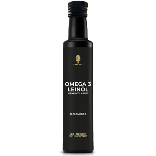 ZELLGUT© BIO LEINÖL 250 ml • Leinsamen-KEIMÖL nativ, GEKEIMT & ROHKOST • mit 52% Omega 3 Fettsäuren • 100% naturbelassen, rein & schonend kaltgepresst • Frischegarantie aus nachhaltigem Anbau von ZELLGUT