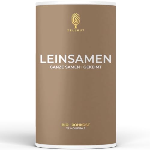 ZELLGUT© BIO LEINSAMEN GANZ 250g • als Topping oder VOLLKORN MEHL zum BACKEN, Brot, MÜSLI Smoothie • 100% ROH & gekeimt • Leinsamen PUR • GLUTENFREI • mit 21% Omega 3 Fettsäuren von ZELLGUT