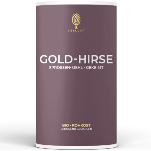 ZELLGUT© Bio Gold HIRSE Sprossen-Mehl 250g • GEKEIMT • Basisch • 100% ROHKOST-QUALITÄT • GLUTENFREI • GEMAHLEN • Aus EU-Bio-Landwirtschaft als MEHL zum BACKEN von Brot, zum kochen, MÜSLI, Smoothie von ZELLGUT