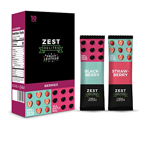 Zest Delites Beeren Fruchtriegel Snackbox, Einzeln Verpackte Süßigkeiten, Lavashak, Glutenfreie und Vegane Lebensmittel, Erdbeere, Brombeere, 25g Packung mit 10 Stück, Zuckerfreie Fruchtleder von ZEST Delites