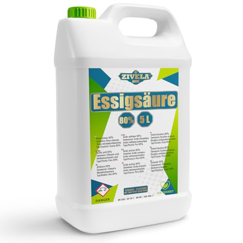 5L Essigsäure 80% Premium Qualität | Essigessenz 80 prozent Lebensmittelqualität 5 kg | Hochreiner Essig für Vielseitige Anwendungen | Perfekt für Hausgebrauch, Industrie, Gartenbau und Reinigung 5L Essigsäure 80% Premium Qualität | Essigessenz 80 prozent Lebensmittelqualität 5 kg | Hochreiner Essig für Vielseitige Anwendungen | Perfekt für Hausgebrauch, Industrie, Gartenbau und Reinigung von ZIVELA