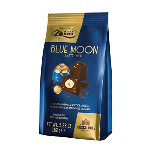 Zaini Vollmilchpraline Blue Moon mit einer Gianduia Füllung und einer ganzen Haselnuss 152g von Zaini
