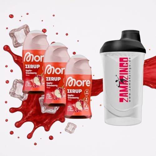 More Zerup Apple Cranberry Zuckerfreier Sirup 65ml (3er Pack) | für 8-12 Erfrischungsgetränk | Vegan, kalorienarm Ideal für unterwegs & zu Hause + Gratis Zama4Zingo Shaker 600ml von Zama4Zingo