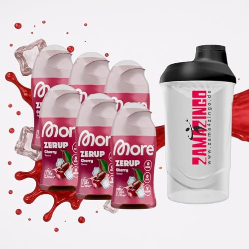 More Zerup Cherry Zuckerfreier Sirup 65ml (6er Pack) | für 8-12 Erfrischungsgetränk | Vegan, kalorienarm Ideal für unterwegs & zu Hause + Gratis Zama4Zingo Shaker 600ml von Zama4Zingo