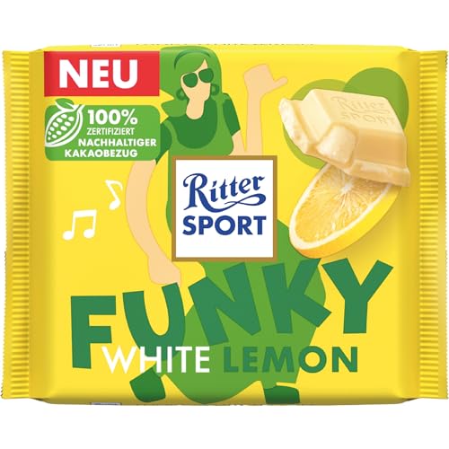 Ritter Sport Funky White Lemon Tafel 100g | Gefüllte weiße Schokolade mit einer aufgeschlagenen Zitronencreme Limited Edition | Rainforest Alliance Zertifiziert (1er Pack, White Lemon) von Zama4Zingo