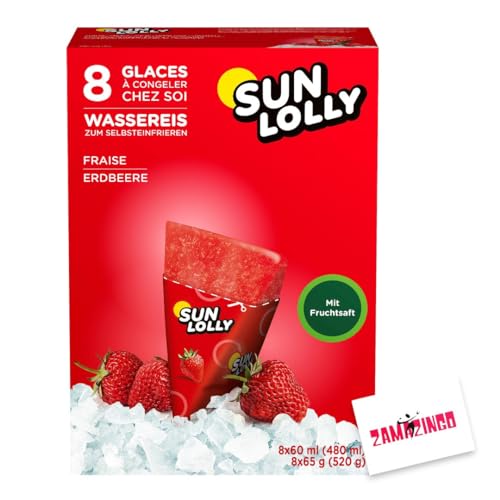 Sun Lolly Wassereis Erdbeere Stangeneis mit Fruchtsaft 8 x 60ml | GLUTEN-, und LAKTOSEFREI | Stangeneis für Sommer (1er Pack, Erdbeere) von Zama4Zingo