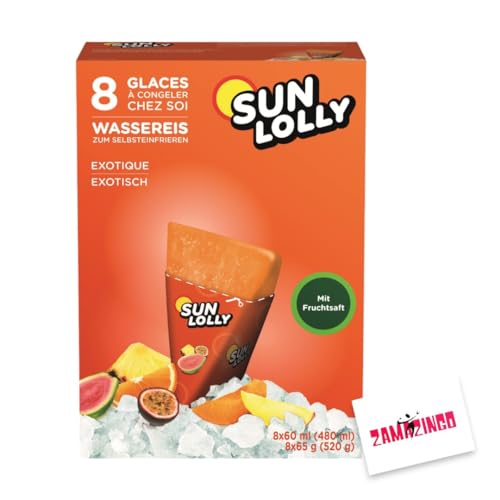 Sun Lolly Wassereis Exotisch Zuckerfrei mit Fruchtsaft 8 x 60ml | ZUCKER-, GLUTEN-, und LAKTOSEFREI | Stangeneis für Sommer (1er Pack, Exotisch) von Zama4Zingo