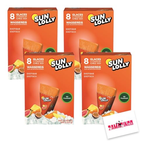 Sun Lolly Wassereis Exotisch Zuckerfrei mit Fruchtsaft 8 x 60ml | ZUCKER-, GLUTEN-, und LAKTOSEFREI | Stangeneis für Sommer (4er Pack, Exotisch) von Zama4Zingo