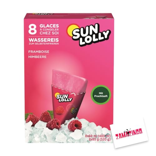 Sun Lolly Wassereis Himbeere Zuckerfrei mit Fruchtsaft 8 x 60ml | ZUCKER-, GLUTEN-, und LAKTOSEFREI | Stangeneis für Sommer (1er Pack, Himbeere) von Zama4Zingo