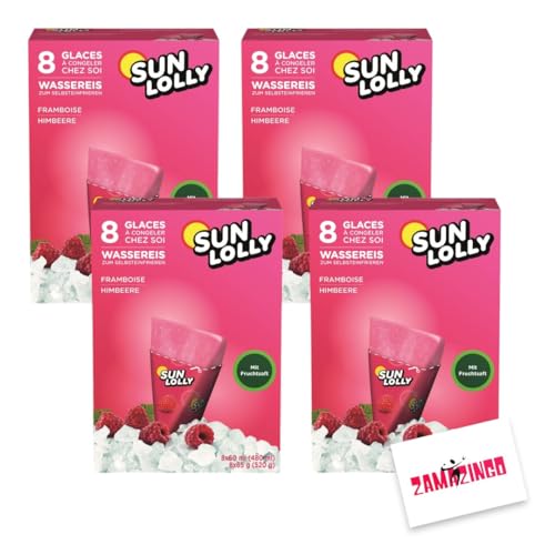 Sun Lolly Wassereis Himbeere Zuckerfrei mit Fruchtsaft 8 x 60ml | ZUCKER-, GLUTEN-, und LAKTOSEFREI | Stangeneis für Sommer (4er Pack, Himbeere) von Zama4Zingo