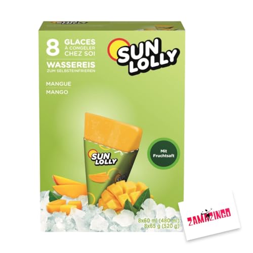 Sun Lolly Wassereis Mango Zuckerfrei mit Fruchtsaft 8 x 60ml | ZUCKER-, GLUTEN-, und LAKTOSEFREI | Stangeneis für Sommer (1er Pack, Mango) von Zama4Zingo