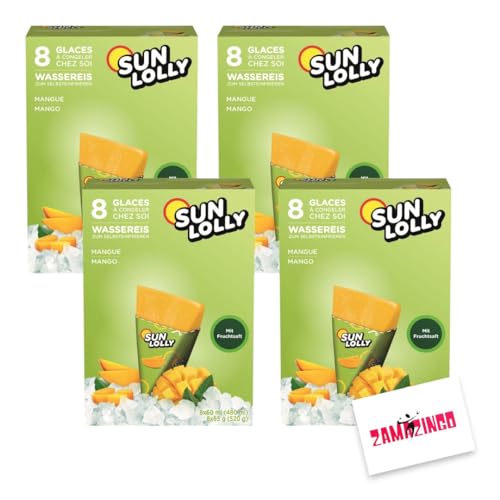 Sun Lolly Wassereis Mango Zuckerfrei mit Fruchtsaft 8 x 60ml | ZUCKER-, GLUTEN-, und LAKTOSEFREI | Stangeneis für Sommer (4er Pack, Mango) von Zama4Zingo